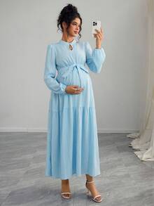 SHEIN Maternity Solid Color Stand Collar Raglan Long Sleeve Ruffle Hem Dress, Summer