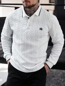 Manfinity CasualCool 1 件休闲男士撞色装饰四分之一纽扣领长袖 Polo 衫，适合春秋季节，适合打高尔夫 - 白色 - 查看 4