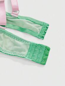 ROMWE Kawaii Plus Size Cute Embroidered Contrast Color Underwire Lingerie, For Valentine's Day - Green - View 4