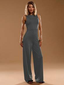 SHEIN BAE Elegante tuta nera ampia senza maniche, adatta per uso quotidiano, appuntamenti, uscite, feste, raduni, pezzo versatile per stratificazione da donna, tuta asimmetrica, tuta a gamba larga, tuta per San Valentino, tuta da tutti i giorni, tuta elegante