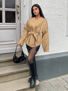 SHEIN EZwear 秋冬女士时尚优雅纯色落肩长袖系腰羊毛混纺大衣 - 駝色 - 查看 5