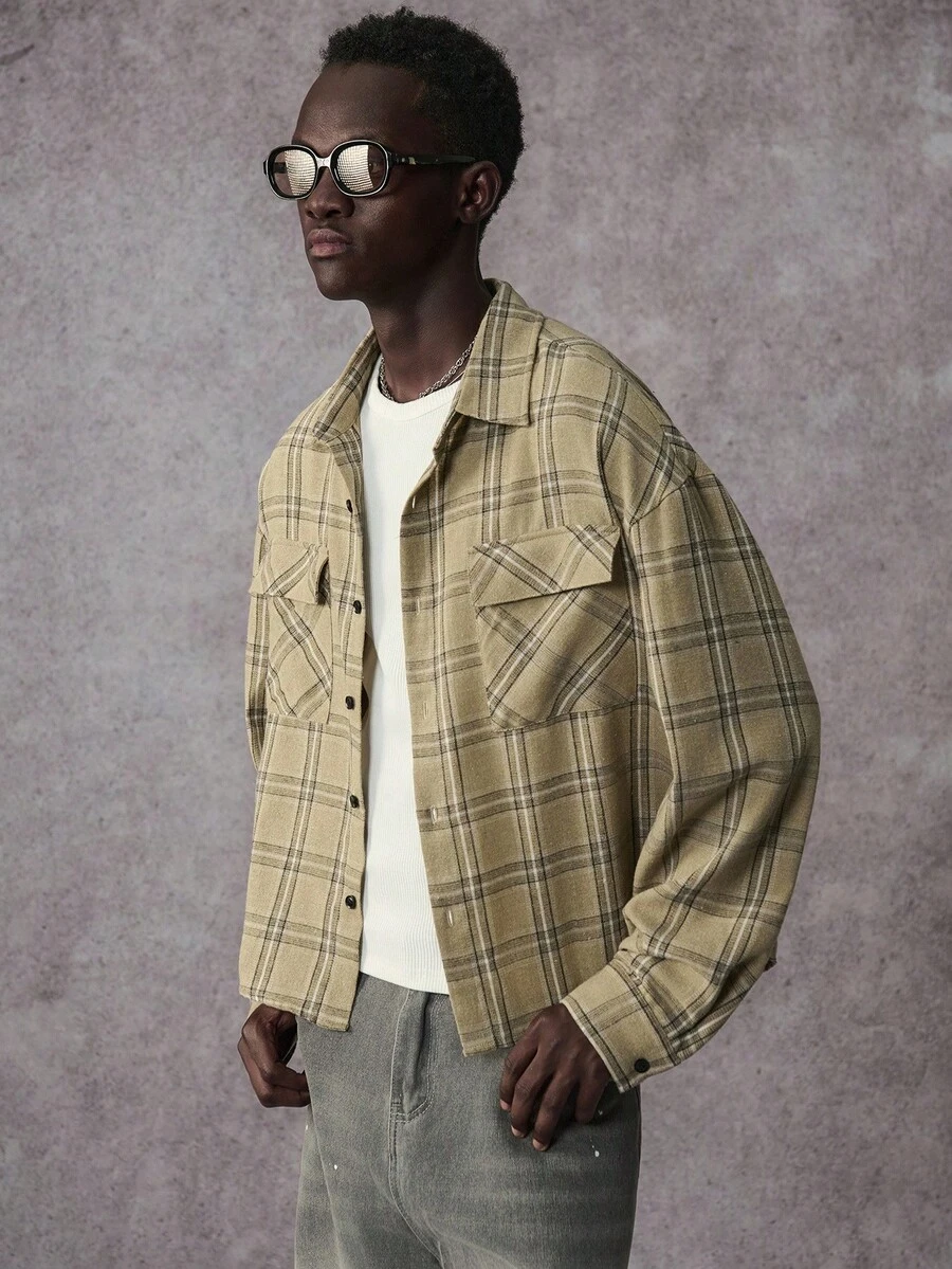 STYNVO 男士格子休闲长袖衬衫 男士短款纽扣衬衫 男士外套衬衫 格子衬衫，秋季 - 卡其色 - 查看 1