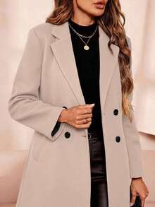 SHEIN Clasi 女士时尚双排扣翻领羊毛大衣，秋季 - 杏色 - 查看 7