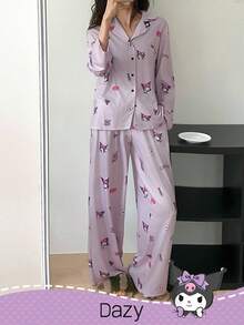 DAZY HELLO KITTY AND FRIENDS | SHEIN 女士可爱卡通字母印花拼接口袋长袖上衣和裤子宽松睡衣套装，春秋季，秋冬季服装 - 紫色 - 查看 7