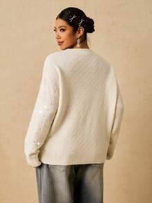 SHEIN VCAY Plus Size Rhinestone Embellished Sweater, Fashionable For Autumn/Winter - Apricot - View 2