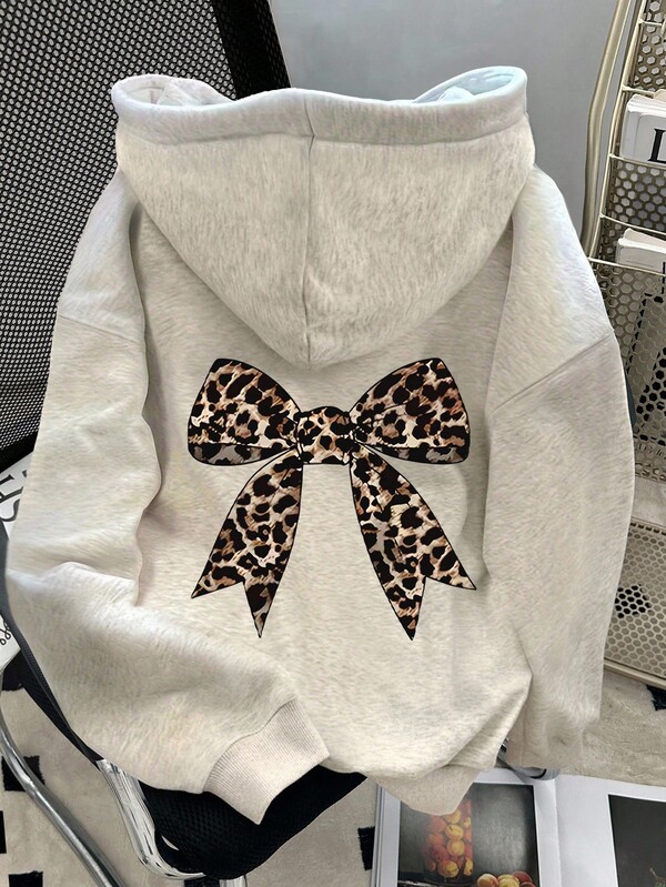 Resyla Women's Casual Leopard Print Bow Tie Batwing Hoodie Sweatshirt, Autumn/Winter