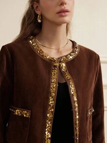 Aveloria Rosie 女士优雅亮片和亮片装饰夹克，带按扣，高端秋冬 - 棕色 - 查看 3
