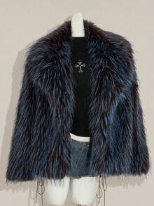 SHEIN ICON Y2K 女款海军蓝和棕色复古仿皮草大衣，时尚秋冬冬季大衣皮草大衣泰迪大衣 - 藍色 - 查看 1