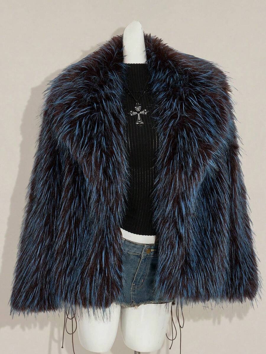 SHEIN ICON Y2K 女款海军蓝和棕色复古仿皮草大衣，时尚秋冬冬季大衣皮草大衣泰迪大衣 - 藍色 - 查看 1