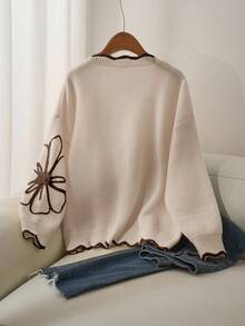 CosyJoli Plus Size Elegant Casual Women Cardigans 3D Floral Contrast Color Cardigan Sweater/Winter - Apricot - View 2