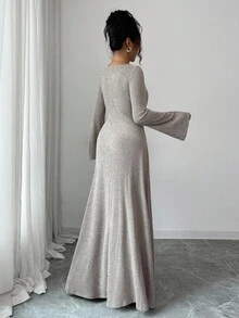 Elenzga 女士秋冬圆领喇叭袖紧身弹力针织腰部 A 字休闲中长连衣裙 - 卡其色 - 查看 2