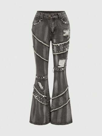 Grunge Punk Jeans slim évasé vintage délavé avec décoration de rivets style punk Y2K