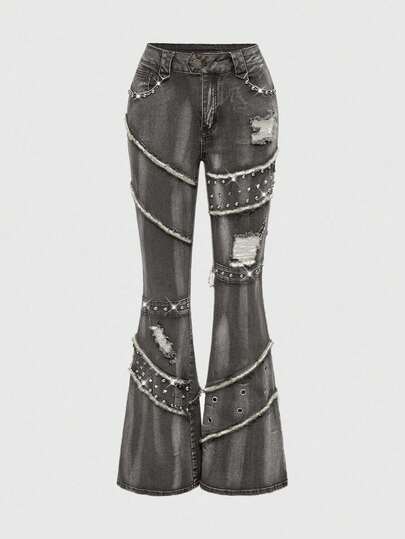 Grunge Punk Y2K Punk Nieten Dekor Vintage Verwaschen Skinny Schlagjeans