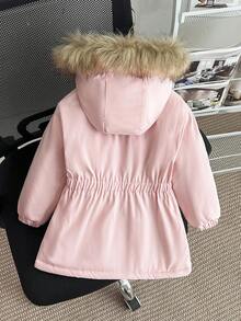 SHEIN Young Girl' Pink Hooded Pocket Jacket With Furry Collar, Slim Fit, Warm & Comfortable, Thermal Lining, Winter - Baby Pink - View 2