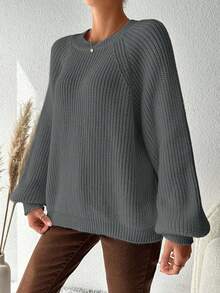 Plus Size Women's Solid Color Round Neck Raglan Sleeve Loose Pullover Sweater