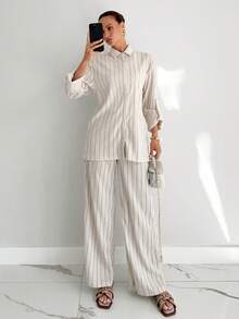 Siren Gaze 女士休闲通勤条纹衬衫和裤子两件套 - 杏色 - 查看 4