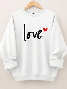 EMERY ROSE Plus Size Women's Love Letter Heart-Shaped Pattern Printed Round Neck Sweatshirts - White - View 1