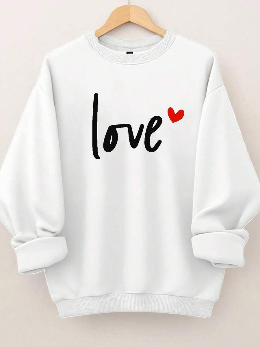 EMERY ROSE Plus Size Women's Love Letter Heart-Shaped Pattern Printed Round Neck Sweatshirts - White - View 1