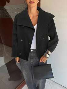 Siren Gaze 女士休闲纯色长袖大衣，秋冬 - 黑色 - 查看 5