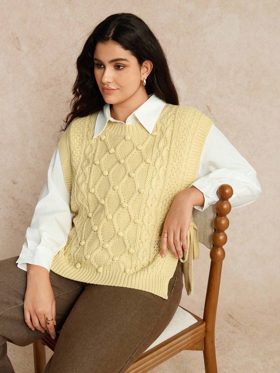 EMERY ROSE 大码宽松针织毛衣背心配领带 - 黃色 - 查看 1