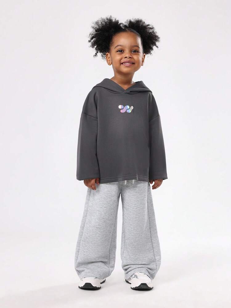 Boxy Hooded Sweatshirt With Holographic Logo Print