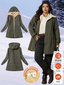 Zelara 大码女式长袖拉链前开休闲宽松长款连帽冬装外套，女士秋冬外套，时尚女式外套，女士冬装外套，时尚女式外套，秋冬拉链连帽女式外套，乡村风外出上衣，冬季外出上衣 - 軍綠色 - 查看 3