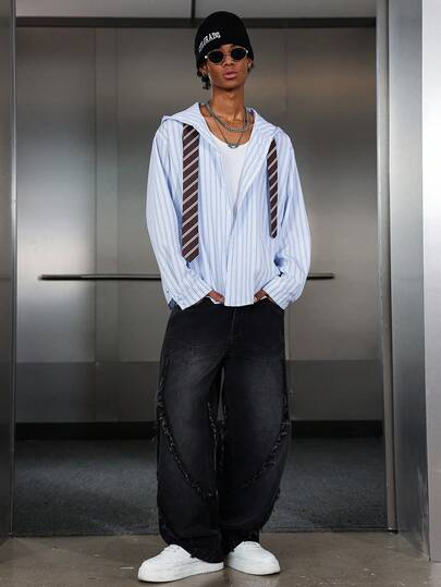 Street Life Men's Long Sleeve Single-Breasted Casual Striped Hoodie, For Fall