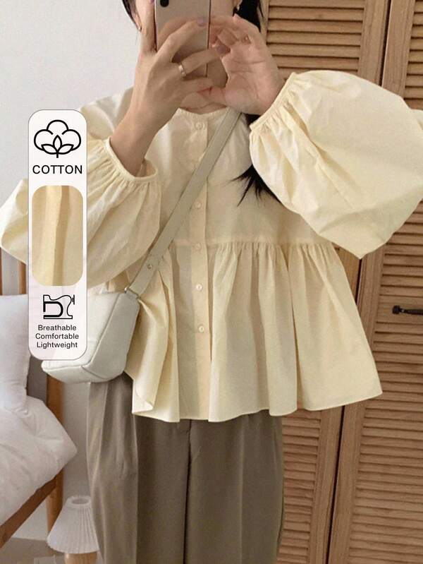 DAZY Girly Casual Crew Neck Pleated Puff Sleeve Women Blouse,Fall Clothes