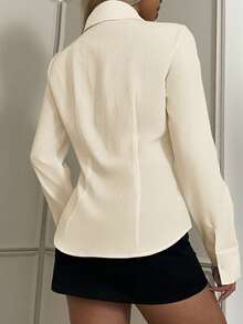 SHEIN 少女白色刺绣衬衫，修身长袖衬衫，返校衬衫，女童白衬衫，马匹刺绣白衬衫 - 杏色 - 查看 2