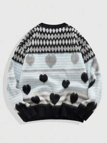 ROMWE MEN Street Life 男士复古撞色心形提花针织超大圆领毛衣，适合秋冬 - 彩色 - 查看 2