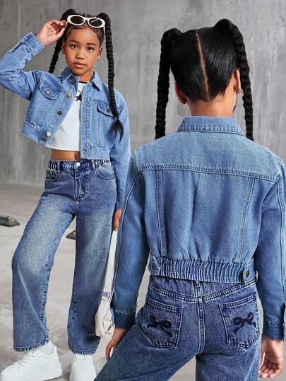 Tween Girls' All-Match Casual Washed Blue Denim Jacket, Elastic Hem Design, Fitted Waist, Short Denim Jacket, Essential Item For Fashionable Girls, Versatile Denim For Daily OOTD, Photo Shoots, Shopping, Travel Fall Winter