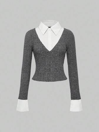Academia Camicia con collo a blocchi di colore stile college retrò 2 in 1 a maniche lunghe Maglietta slim fit per donne