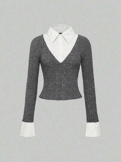 Academia Retro College Style Colorblock Shirt Collar 2 In 1 Long Sleeve Slim Fit T-Shirt For Women