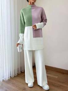 EURMUSE Women Colorblock Sweater Solid Color Wide Leg Pants Set Petite Autumn Clothes Lounge White Off-White Minimalist Casual - Multicolor - View 5
