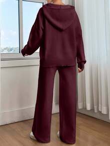 EURMUSE Women Solid Color Drop Shoulder Hooded Pullover & Sweater Pants Set Burgundy - Burgundy - View 3
