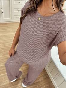 SHEIN 2件套孕妇休闲纯色上衣和裤子套装 - 粉色 - 查看 5