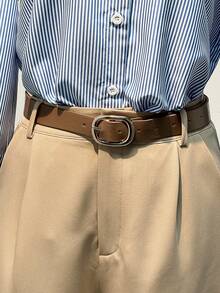 Franclia 休闲通勤百搭女士蓝色条纹衬衫休闲衬衫和卡其色阔腿直筒裤女士裤子配腰带新款春秋两件套女士休闲套装女士秋装商务休闲女士办公室服装女士秋季衣服女士两件套女士秋季服装搭配秋季服装女装 - 卡其色 - 查看 5