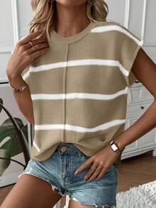EMERY ROSE Women's Casual Loose Round Neck Drop Shoulder Sleeveless Knitted Vest, Fashion Striped Color Block Pullover Sweater Tank Top For Autumn/Winter