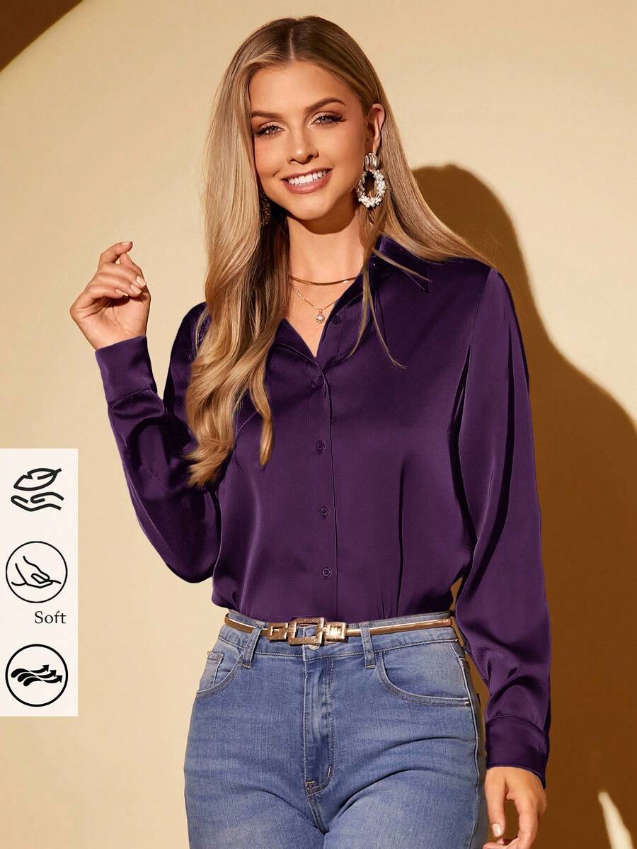 Amorya Women's Elegant Solid Color Acetate Satin Lapel Long Sleeve Shirt Spring Break - Purple - View 1