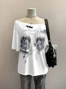 SHEIN EZwear Áo thun tay ngắn màu trắng rộng rãi in họa tiết denim đơn giản, tối giản, một bên vai dành cho nữ - Nhiều màu - Xem 4