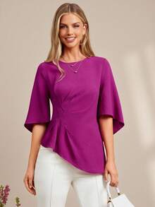 Amorya Women's Solid Color Elegant Vacation Pleated Blouse Purple Blouse Women