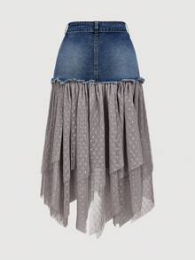 SHEIN MOD Women's Casual Denim Black Lace Patchwork Mesh Mini Skirt Jeans Mini Skirt Summer Vacation Denim Skirt Low Rise Skirt Black Jeans Skirt - Dark Wash - View 2