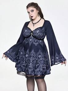 ROMWE EDITION Trang phục Halloween in hoa cửa sổ nhà thờ Dark Castle cỡ lớn tay loe - màu đen - Xem 9