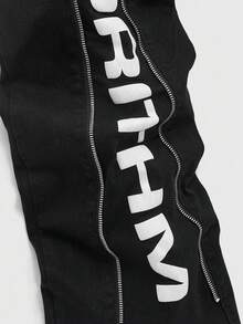 ROMWE MEN Street Life Men's Adjustable Zipper Layered Flare Jeans With Printed Design - Black - View 2