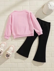 SHEIN Explorewe 2pcs Girls Rainbow Letter Print Crew Neck Long Sleeve Sweatshirt And Brown Flare Pants Set, Fashionable Casual Outfit For Spring/Autumn Fall Winter - Pink - View 2