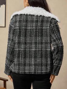 Zelara Plus Size Women Fuzzy Lapel Neck Long Sleeve Plaid Loose Casual Jacket, Autumn Winter Tweed Jacket Women Teddy Collar Tweed Jacket Plus Size Tweed Jacket Women For Women Casual Women's Winter Winter Women's Winter Jacket Going Out Tops Going Out Female Country Look Plaid Chic Women's Jacket Chic Blazer Women Autumn For Women Black Jacket Winter For Women Women's Winter Thanksgiving For Women - Black and White - View 2