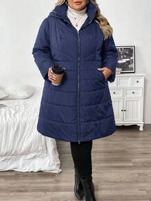 SHEIN CURVE+ Plus Size Women's High Neck Padded Coat With Belt, Pocket, Hood, Casual, Comfortable, Warm, Slim Fit/ Winter - Navy Blue - View 5