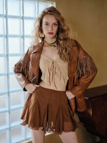 MOTF STUDIO Chaqueta de motociclista con cuello de solapa de piel sintética, detalles con flecos y hebilla con cinturón - Marrón - Ver 8