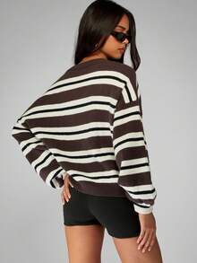 MISSGUIDED Boxy Fit Oversized Striped Knit Sweater Winter Casual Pullover Brown White Pattern Balloon Sleeve Classic Ribbed Crew Neck Fall Fashion Knitwear - Multicolor - View 2