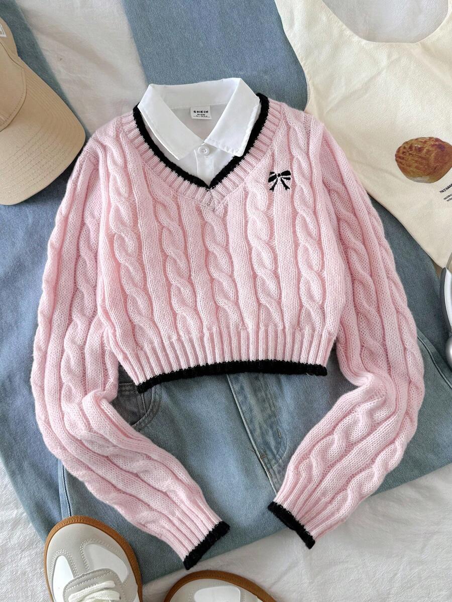 SHEIN 女童拼色长袖休闲毛衣 秋冬粉色毛衣 女童毛衣 可爱毛衣 女童蝴蝶结针织粉色毛衣 美观学院风服装 冬季圣诞节万圣节 幼儿开衫 秋季套头衫 - 粉色 - 查看 1